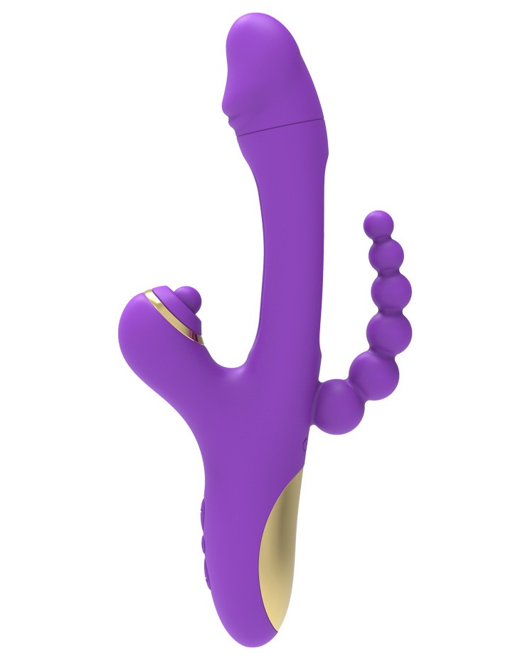 Vibrating and tongue flapping rabbit vibrator with beaded clit stimulator and beaded butt plug.