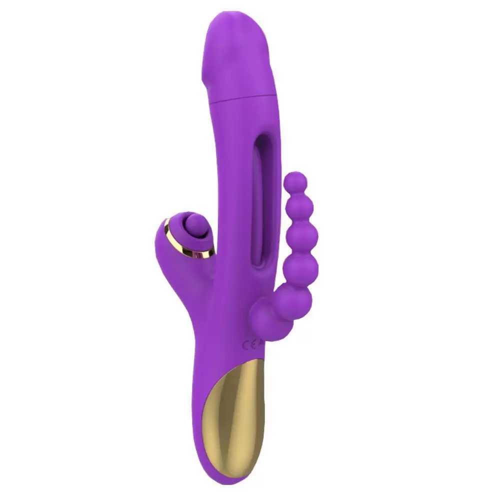 Vibrating and tongue flapping rabbit vibrator with beaded clit stimulator and beaded butt plug.