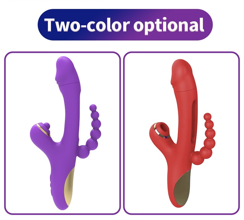 Vibrating and tongue flapping rabbit vibrator with beaded clit stimulator and beaded butt plug.