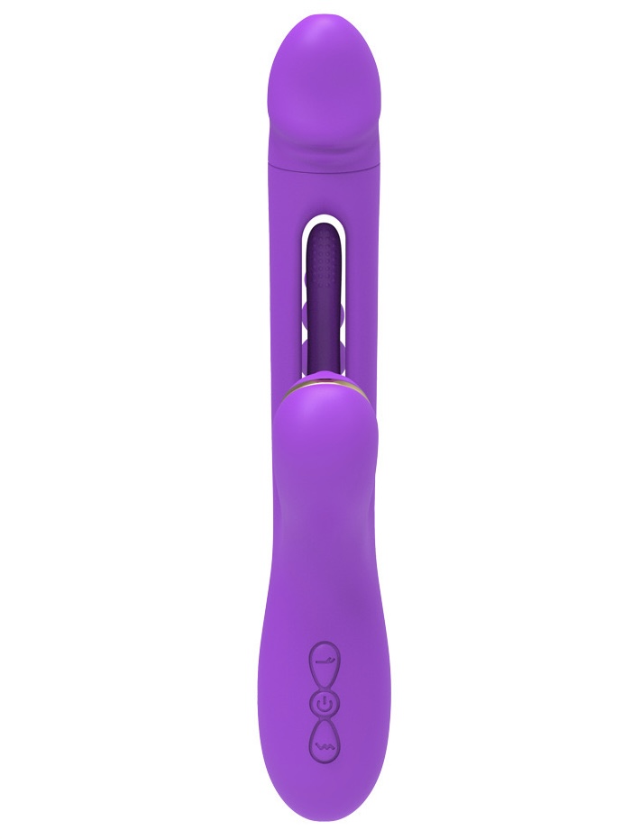 Vibrating and tongue flapping rabbit vibrator with beaded clit stimulator and beaded butt plug.