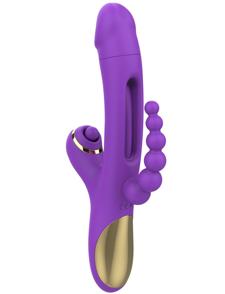 Vibrating and tongue flapping rabbit vibrator with beaded clit stimulator and beaded butt plug.